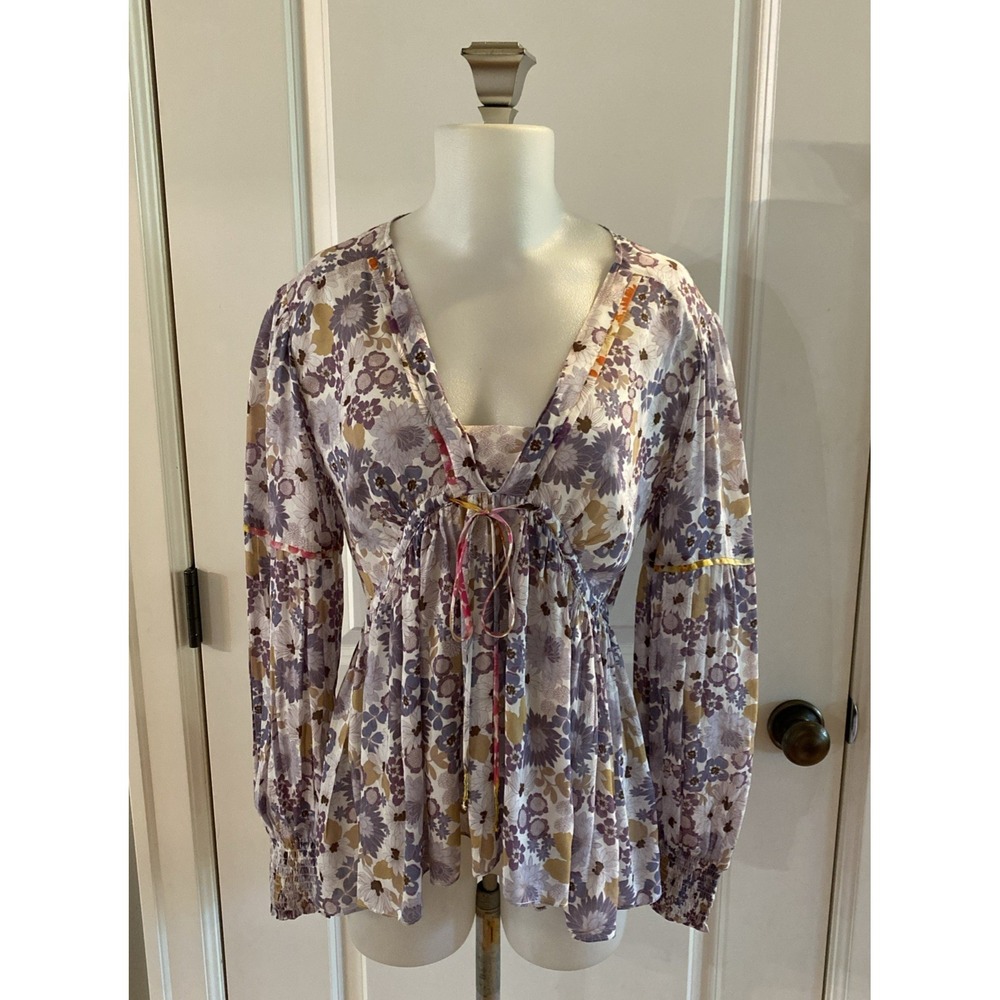 Johnny Was Jade Rayon Peasant Blouse Size XS Lavender Floral Boho Romantic